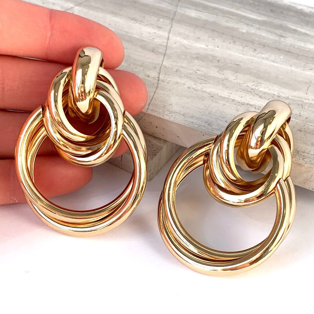 Anthropologie "Layered Link Drop" Gold Hoop Earrings - Picture 4 of 8